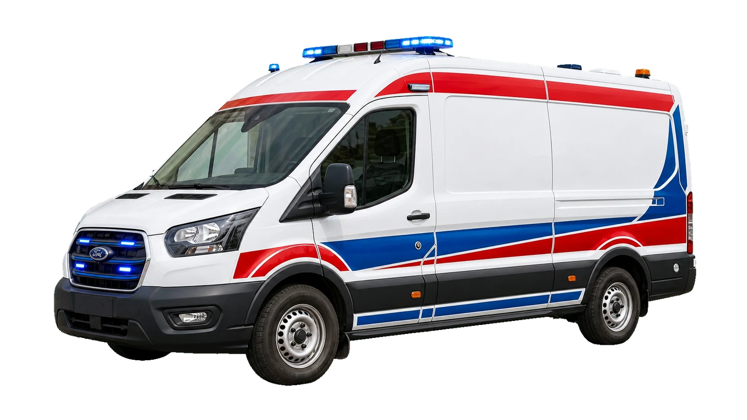 Wizualizacja ambulansu z czerwono-niebieskim oznakowaniem