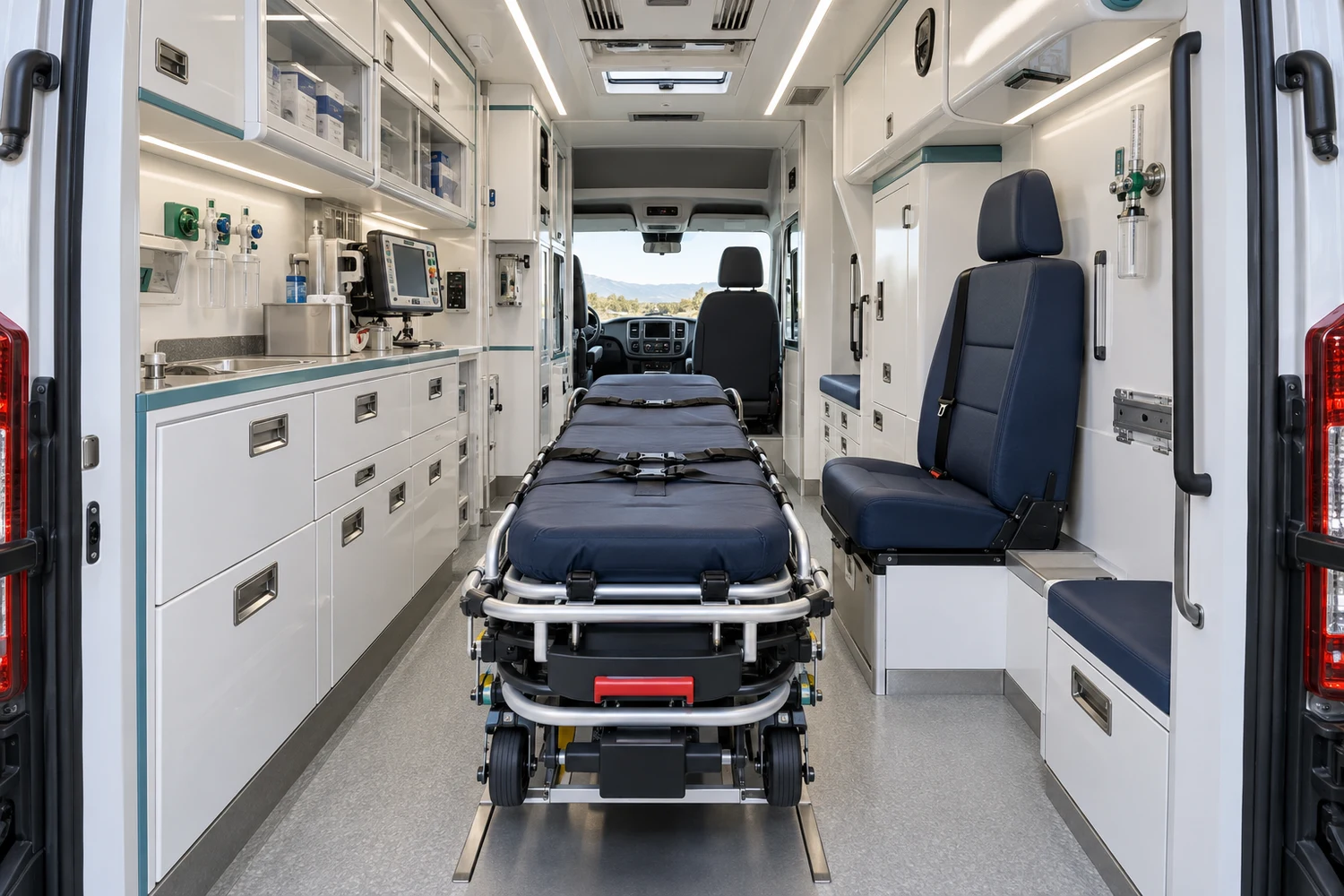 Koncepcja ergonomicznego wnętrza ambulansu z noszami i zabudową medyczną